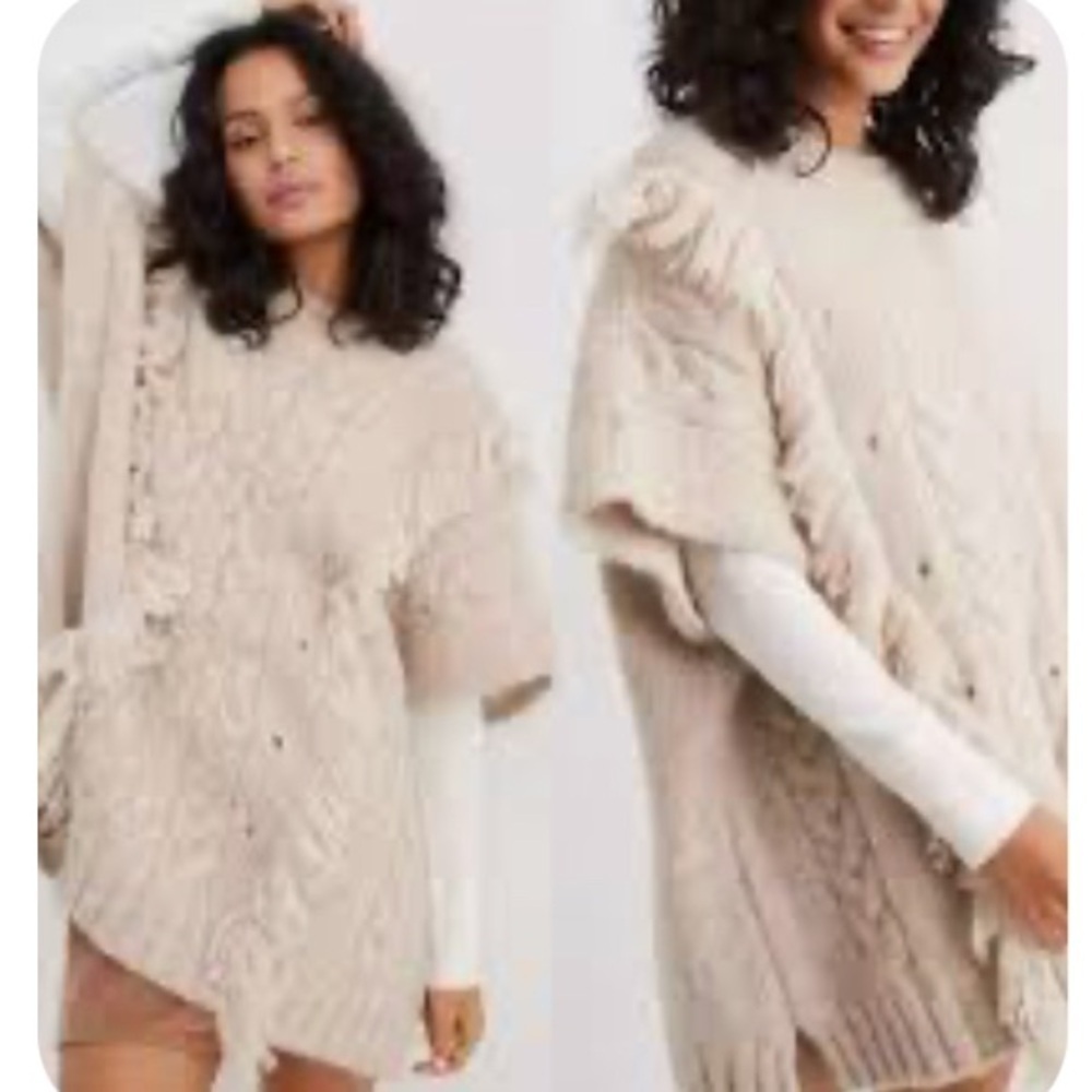 Aerie Fringe Sleeveless Poncho Sweater Large/xl Cable Knit Oversized Bohemian